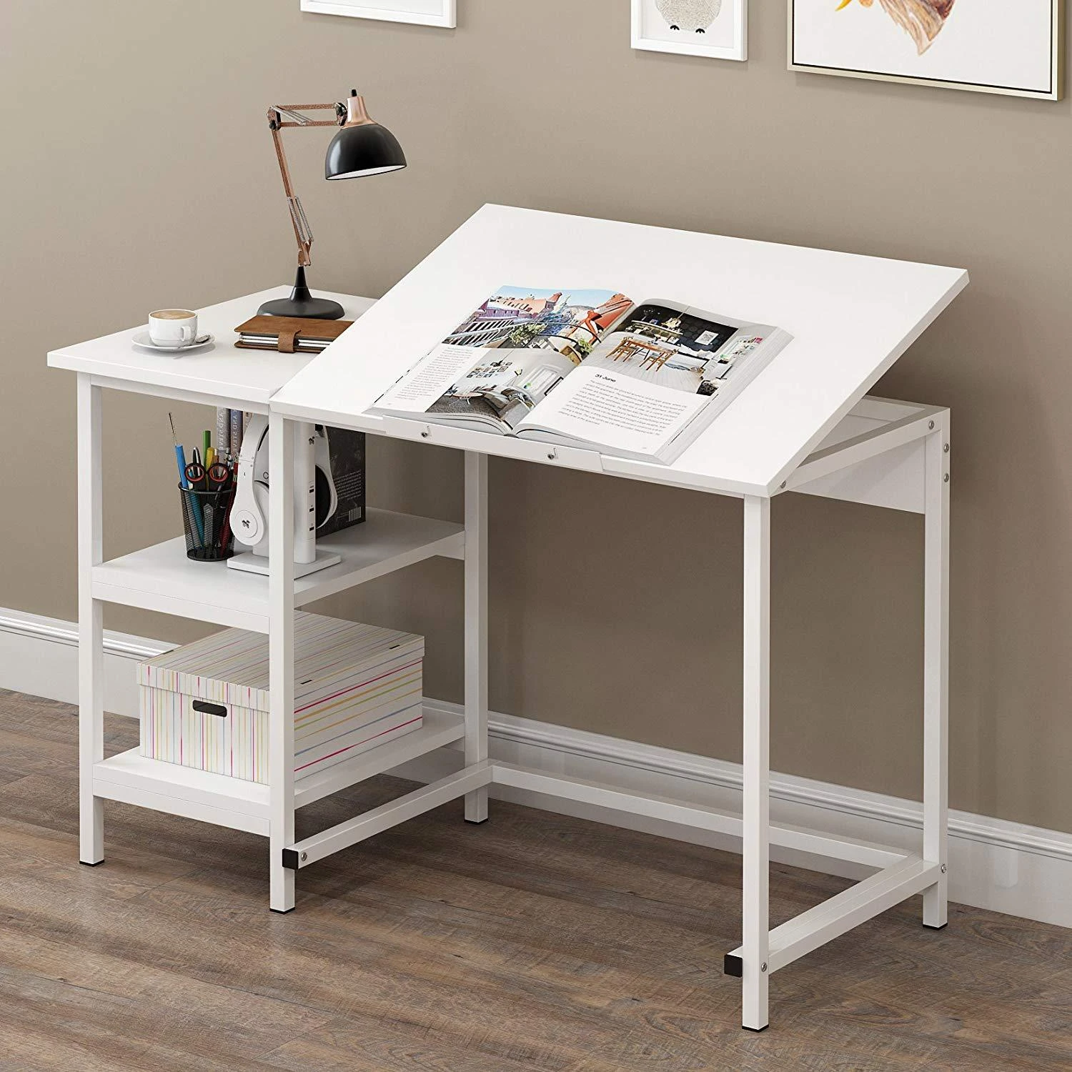 Atelier Adjustable Desk With Shelves In White