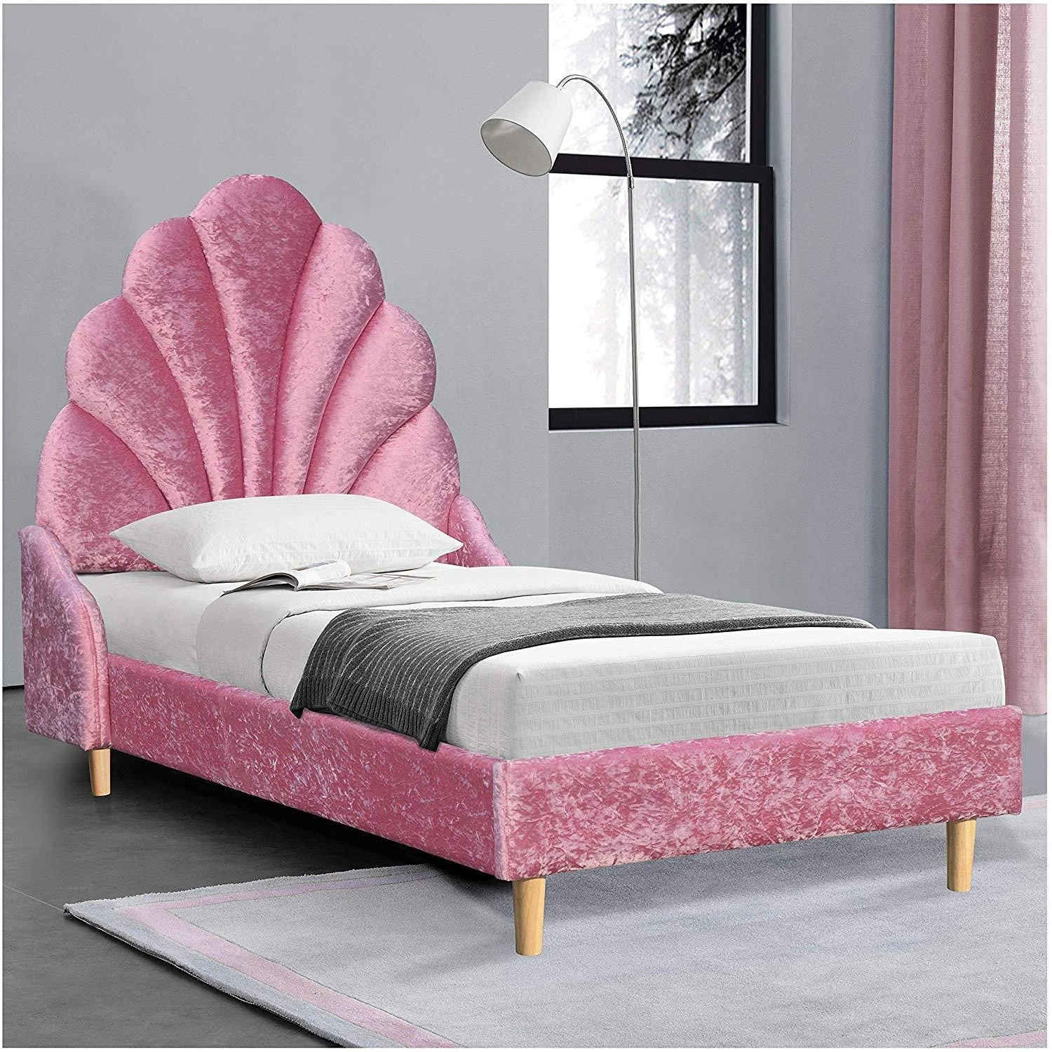 Cherry Tree Furniture ARIEL Pink Crushed Velvet Upholstered Kid's Princess Bed With Scalloped Headboard - Image 3