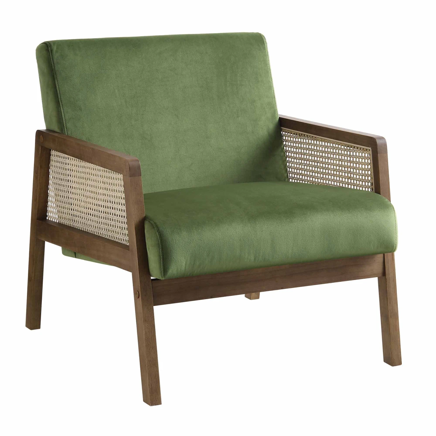 Fyne Moss Green Velvet Walnut Frame Rattan Armchair - Image 3