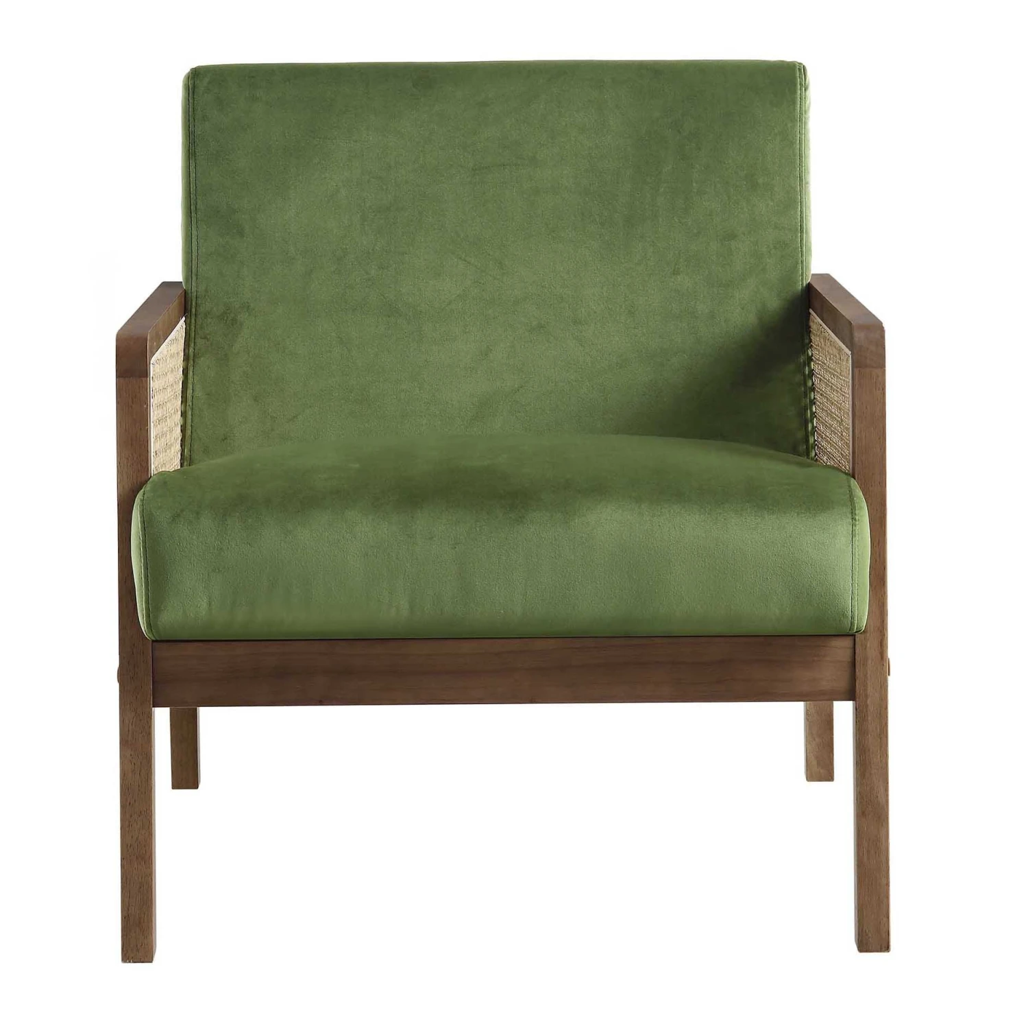 Fyne Moss Green Velvet Walnut Frame Rattan Armchair - Image 4