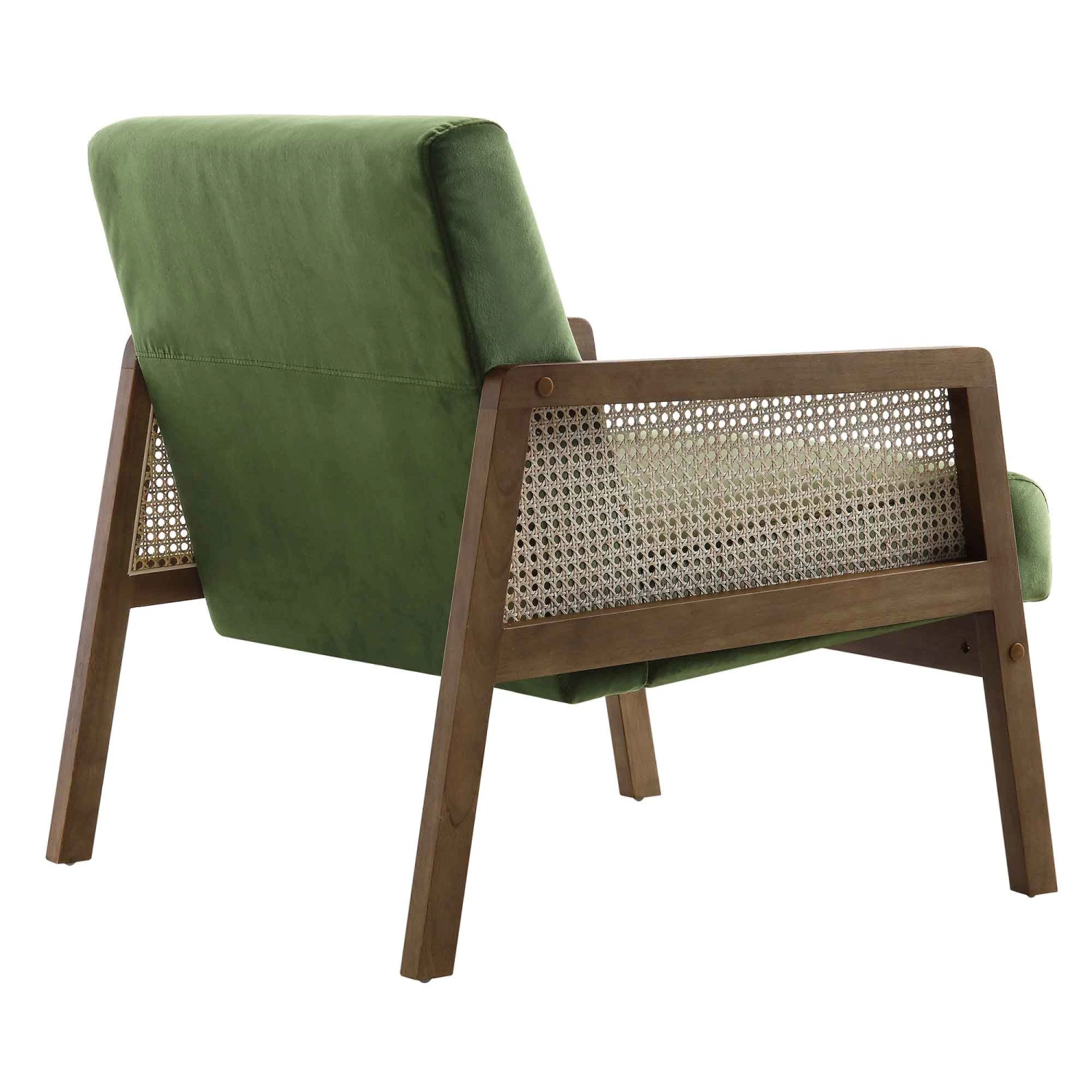 Fyne Moss Green Velvet Walnut Frame Rattan Armchair - Image 7