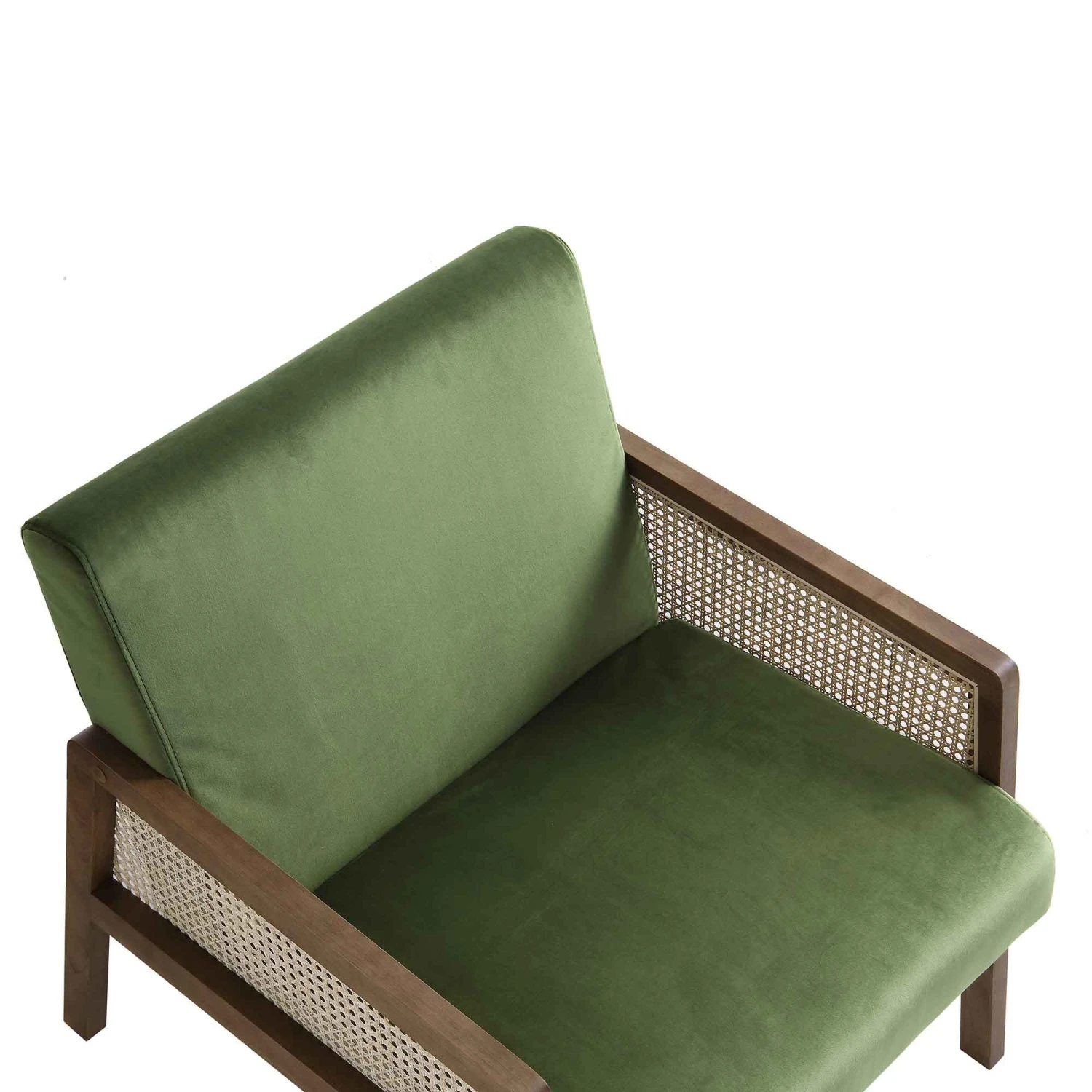 Fyne Moss Green Velvet Walnut Frame Rattan Armchair - Image 9