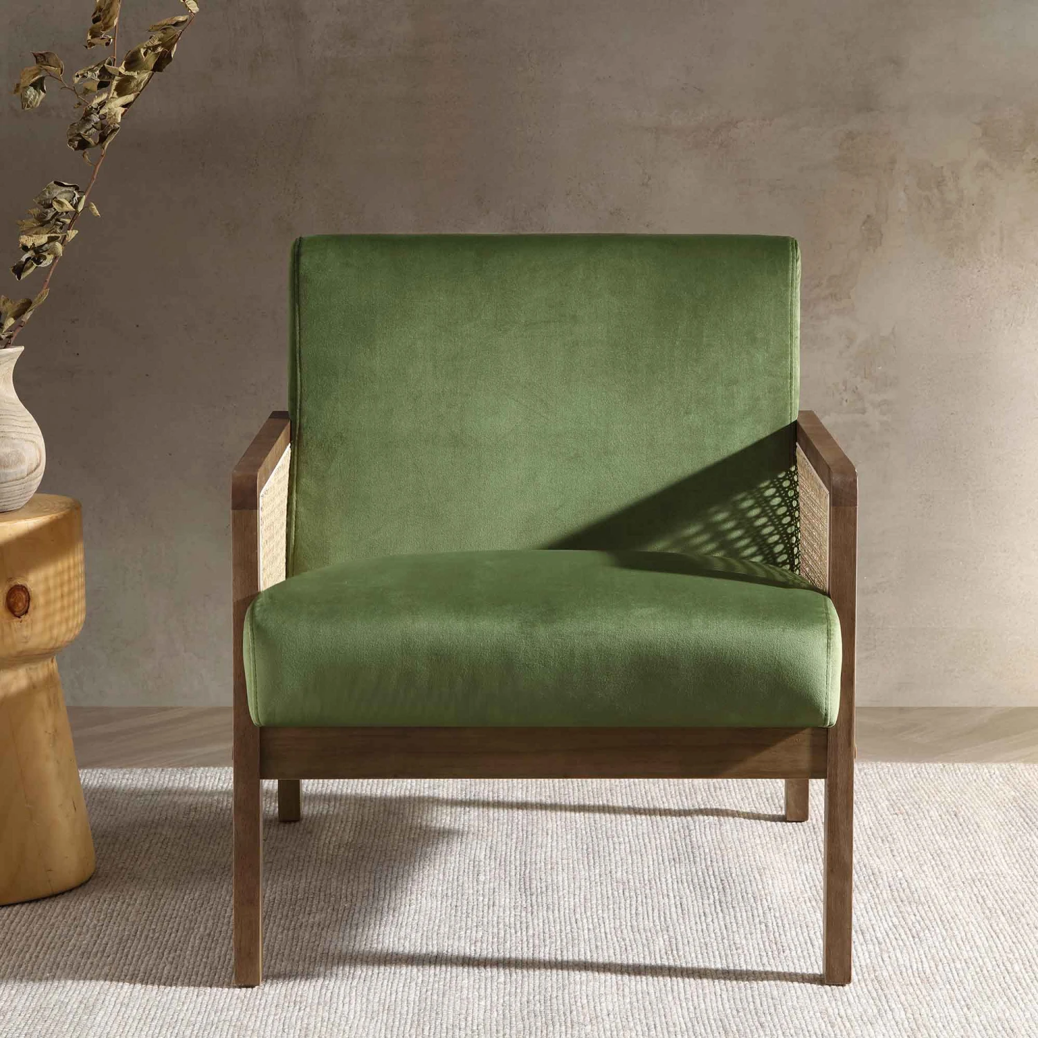 Fyne Moss Green Velvet Walnut Frame Rattan Armchair - Image 2
