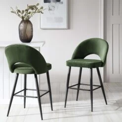Oakley Set Of 2 Dark Green Velvet Upholstered Counter Stools With Contrast Piping