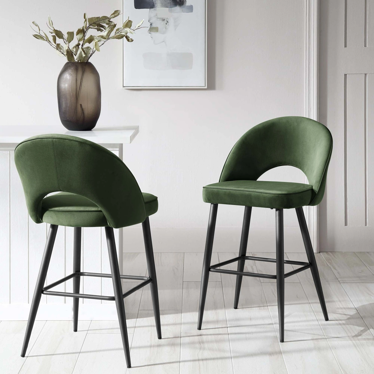 Oakley Set Of 2 Dark Green Velvet Upholstered Counter Stools With Contrast Piping