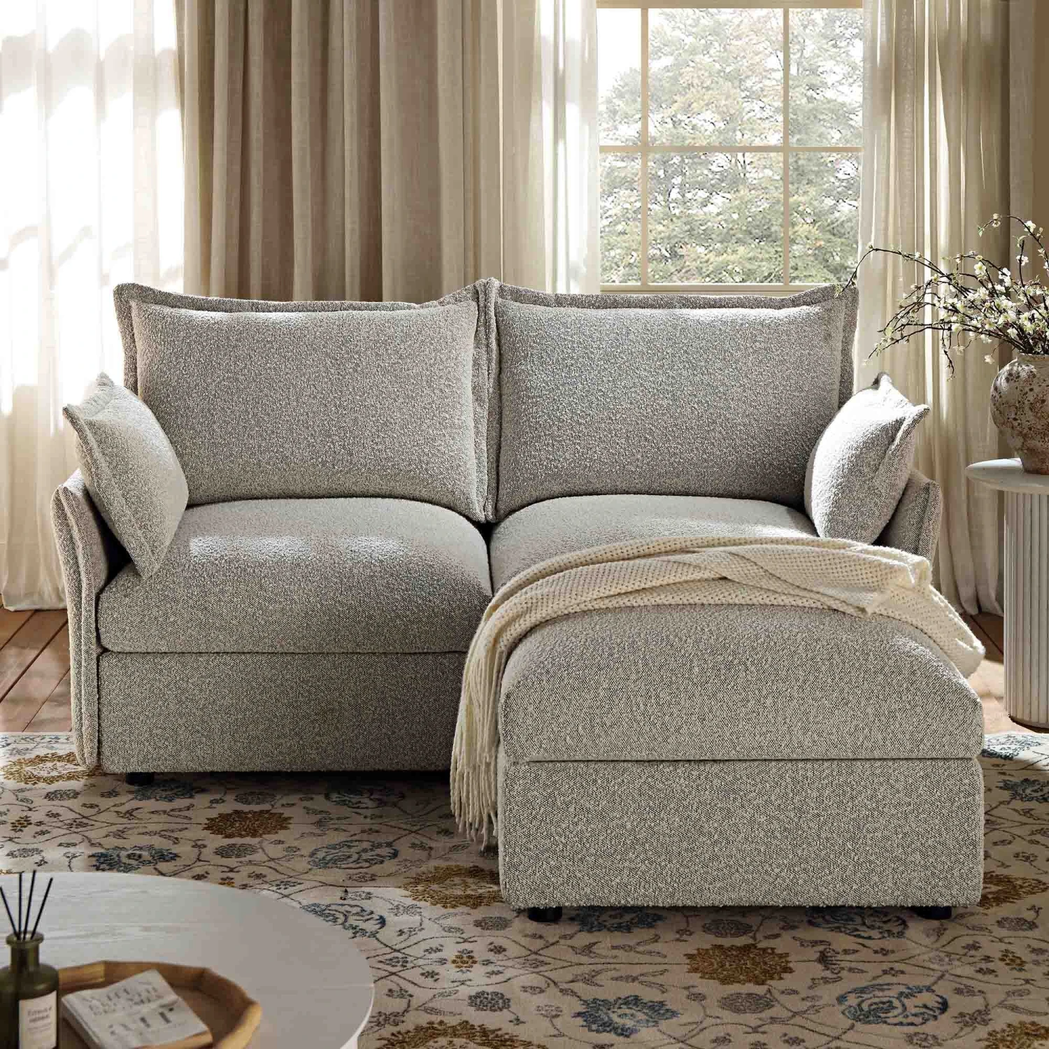 Byron Pillow Edge Mist Grey Boucle Modular Sofa, 2-Seater Chaise - Image 3