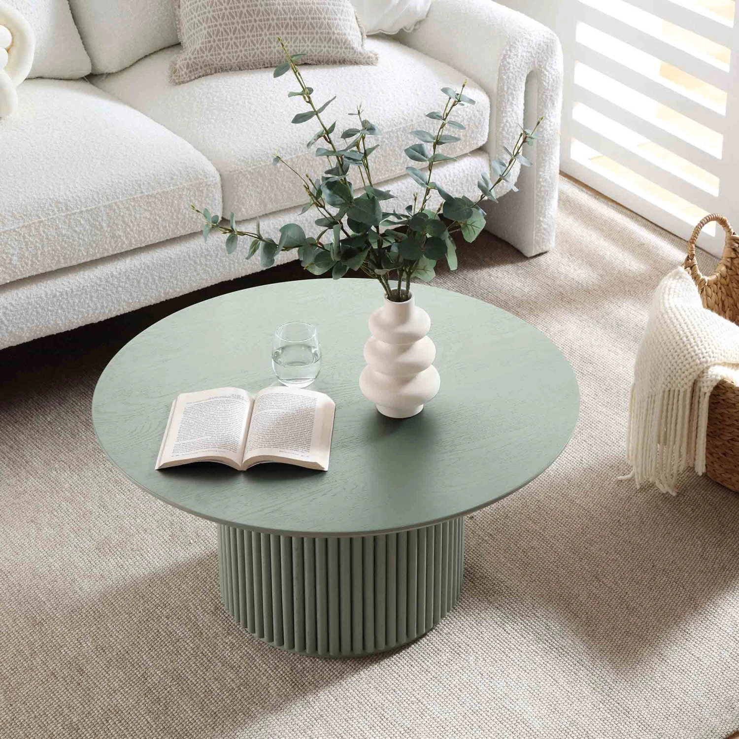 Maru Round Oak Pedestal Coffee Table, Sage Green - Image 2