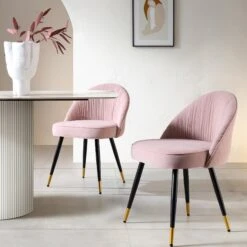 Miyae Set Of 2 Pleated Pale Pink Velvet Upholstered Dining Chairs