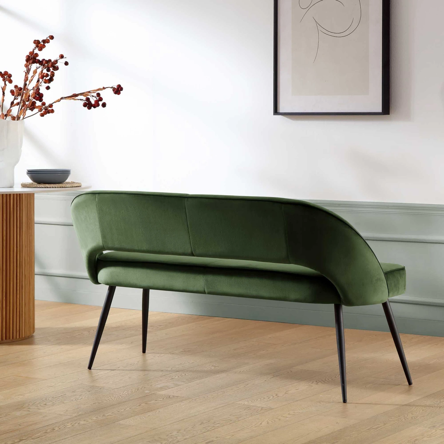 Oakley Dark Green Velvet Upholstered 3 Seater Dining Bench With Contrast Piping - Image 2