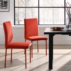 Fernie Set Of 2 Ochre Burnt Orange Velvet Dining Chairs With Upholstered Legs