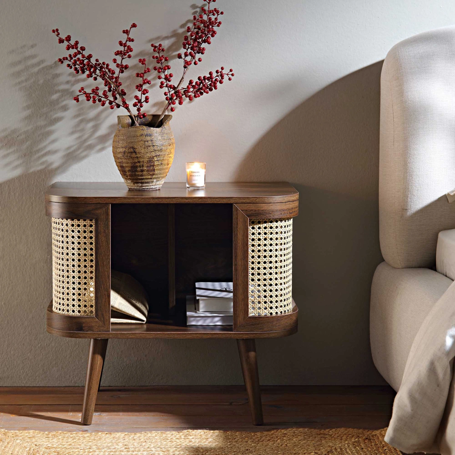 Izzy Curved Rattan Bedside Table, Walnut - Image 2