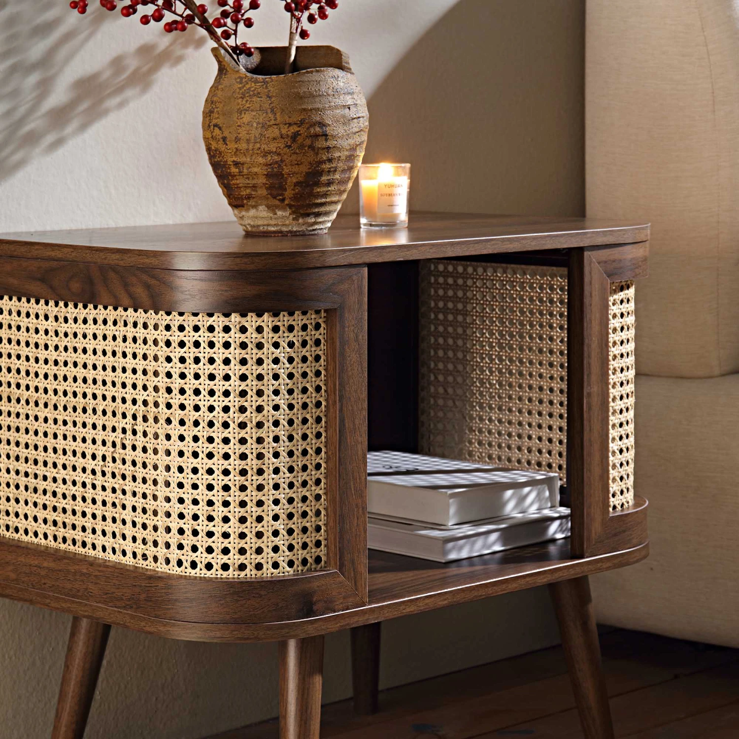 Izzy Curved Rattan Bedside Table, Walnut - Image 3