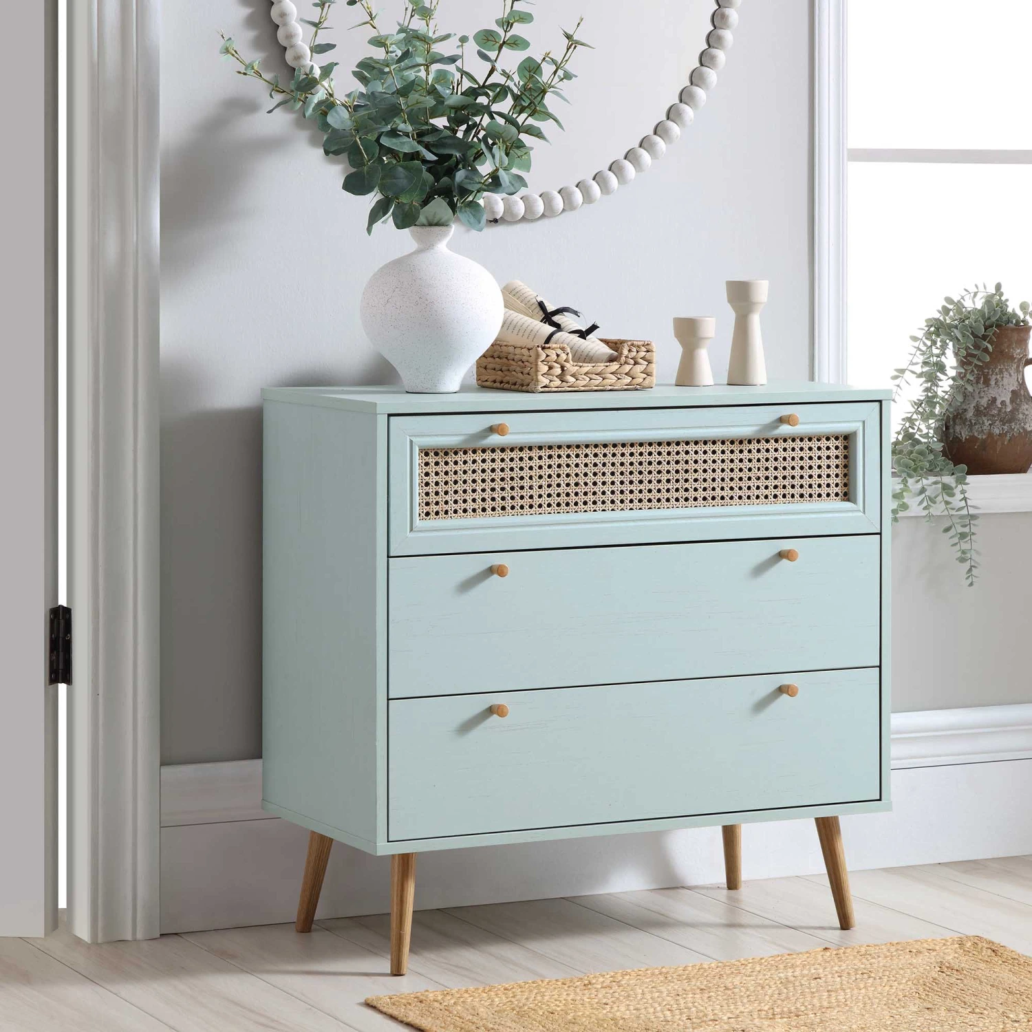 Anya Woven Rattan Chest Of 3 Drawer In Mint Colour