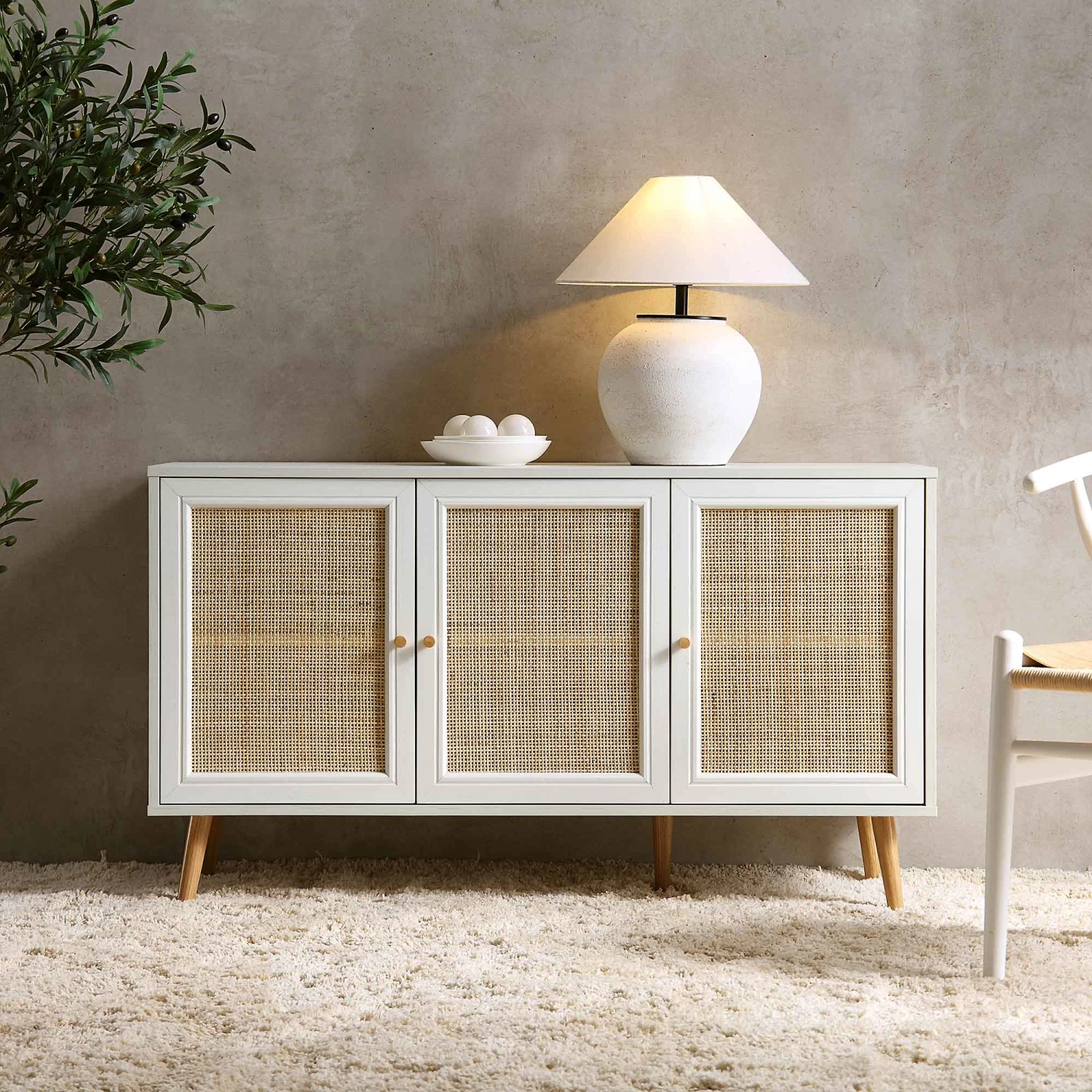 Frances Woven Rattan 3-Door Sideboard, White - Image 2