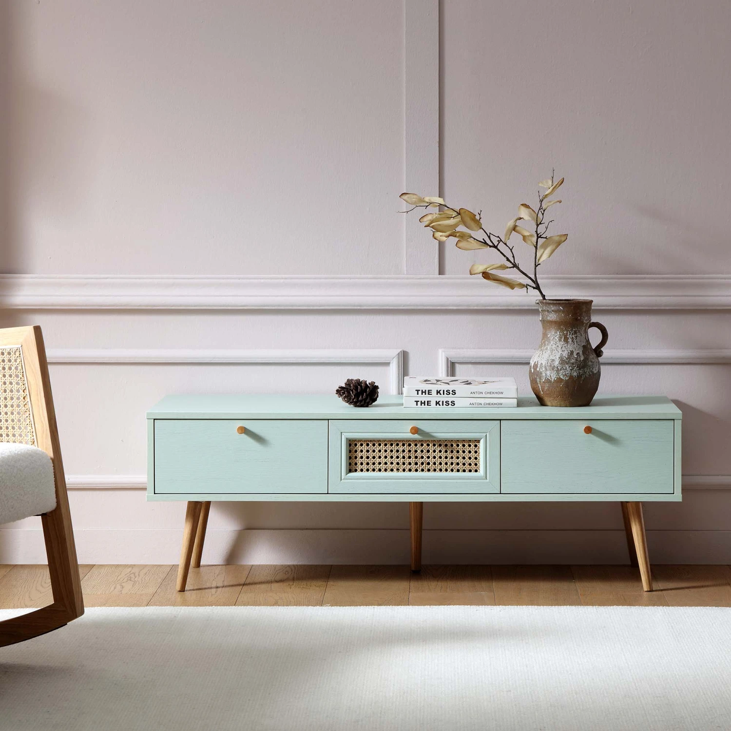 Anya Woven Rattan 3-Drawer TV Unit In Mint - Image 2