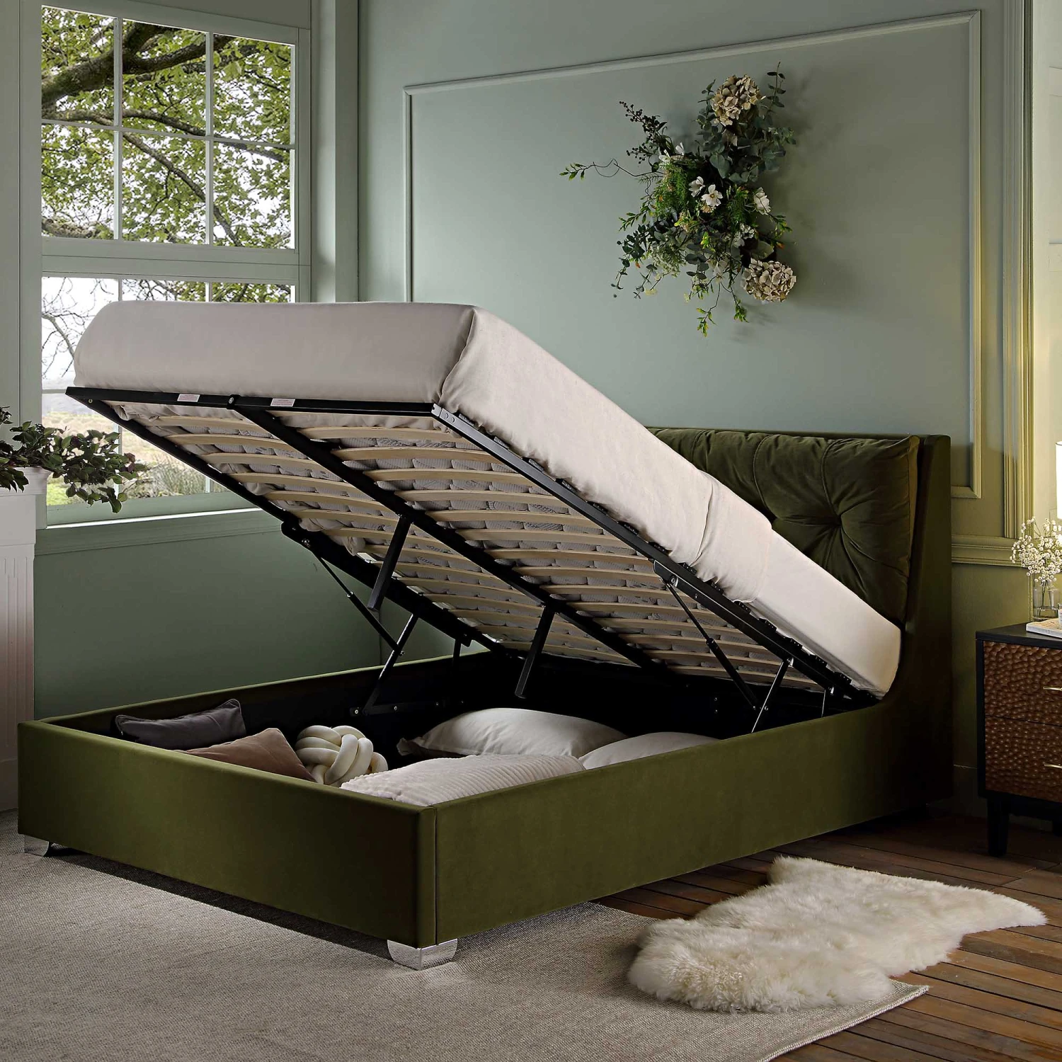 Hadley Moss Green Velvet Ottoman Storage Bed - Image 3