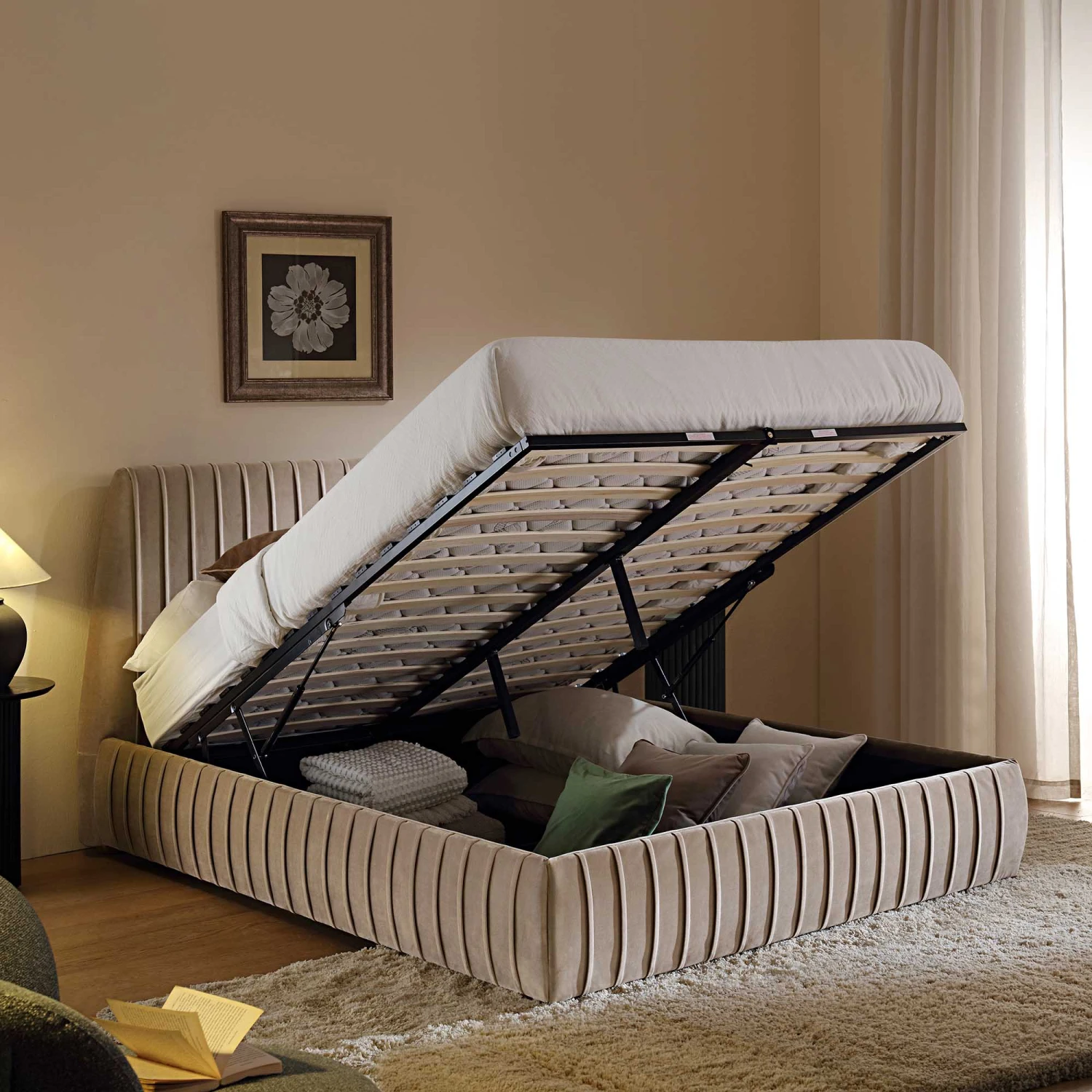 Helia Pleated Ottoman Storage Bed, Taupe Velvet - Image 3