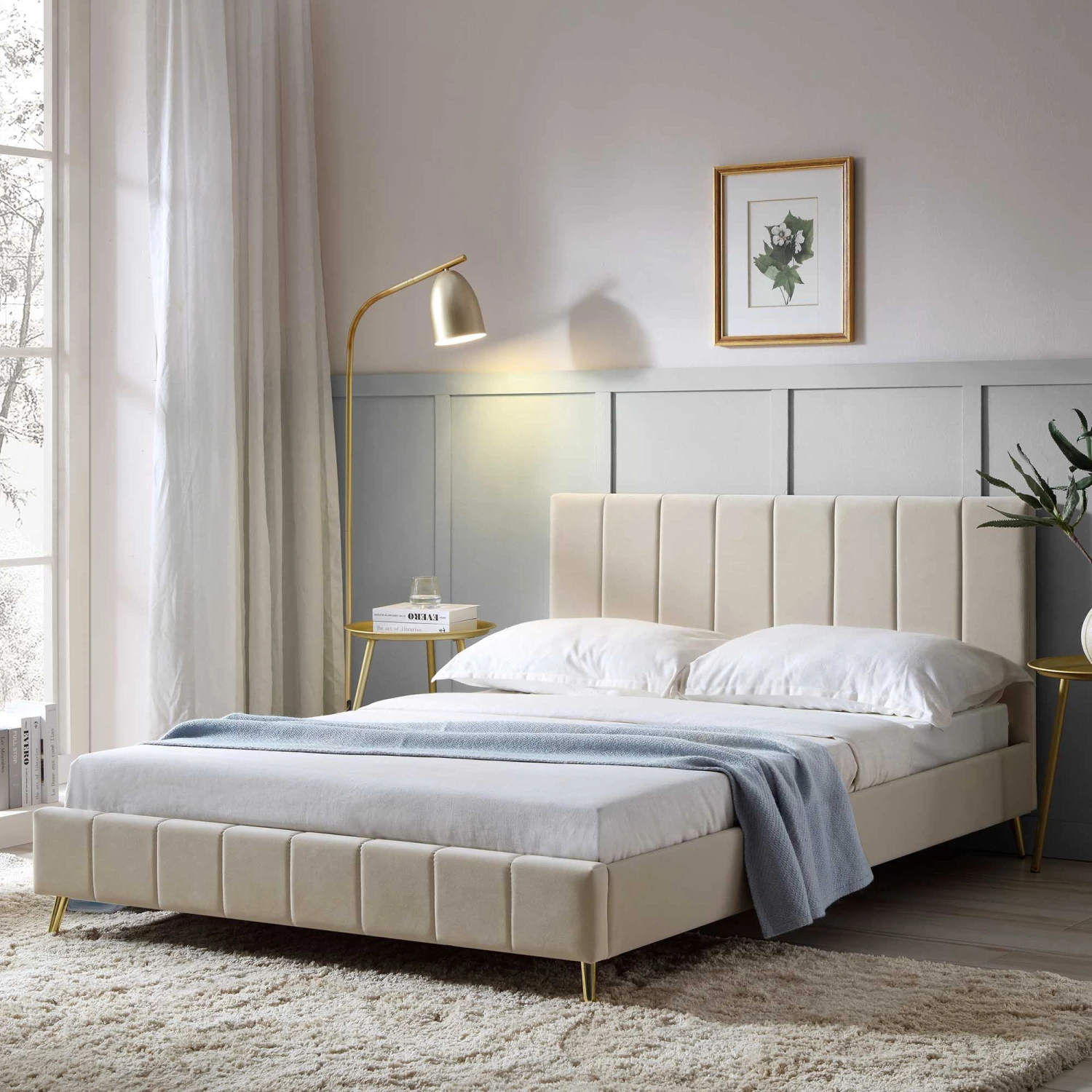 Sylvie Velvet Upholstered Bed Frame With Golden Chrome Legs, Champagne Velvet
