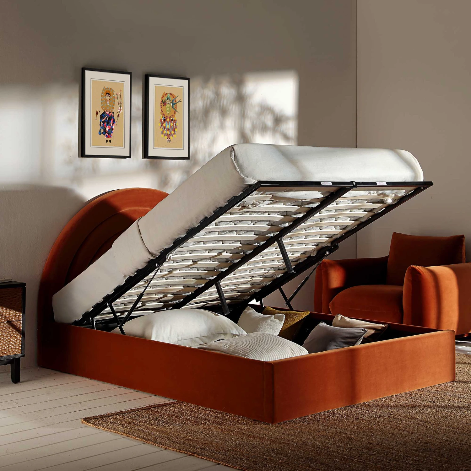 Archer Rust Velvet Ottoman Storage Bed - Image 3