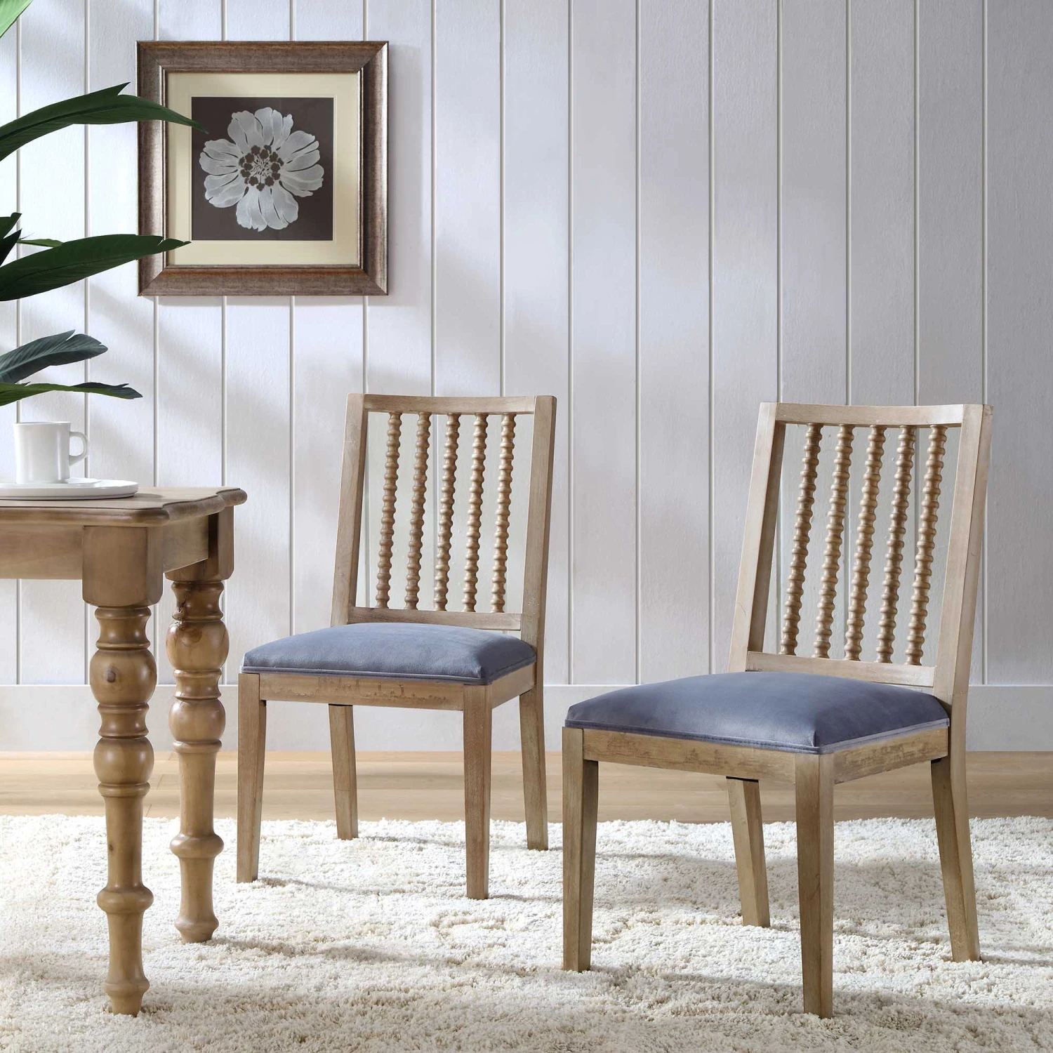 Hemingford Set Of 2 Blue Grey Velvet Bobbin Spindle Dining Chair