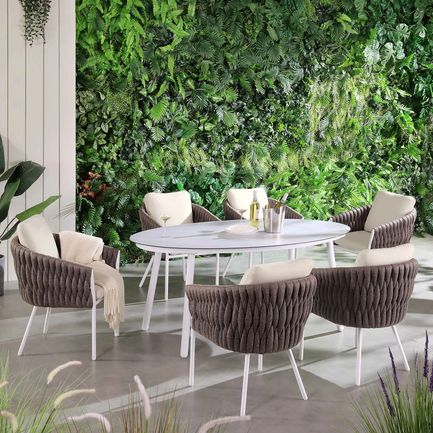 Montebello 6-Seater Outdoor Taupe Rope And Aluminium Oval Dining Set With White Ceramic Dining Table - Image 2