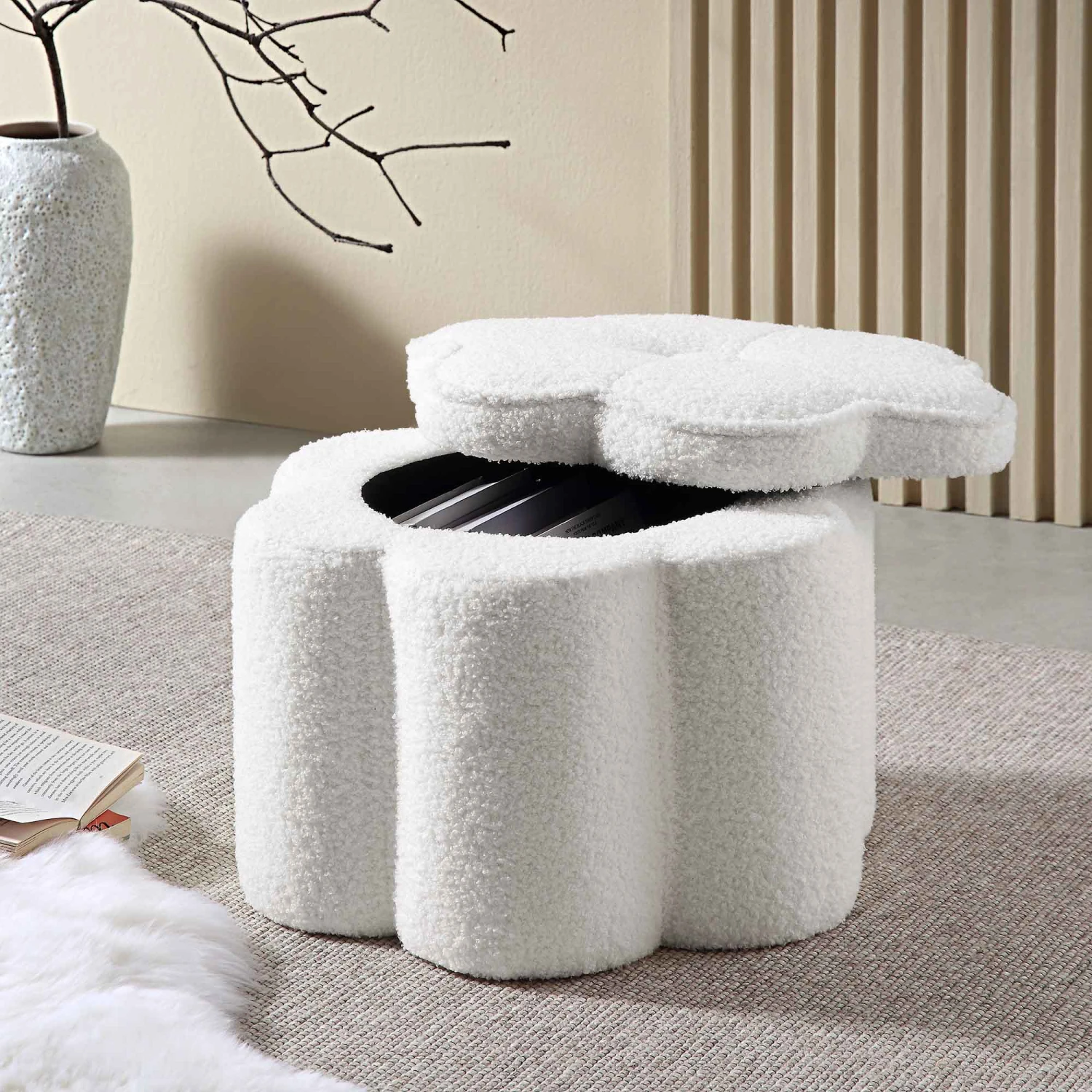 Pollie White Teddy Boucle Storage Stool - Image 3