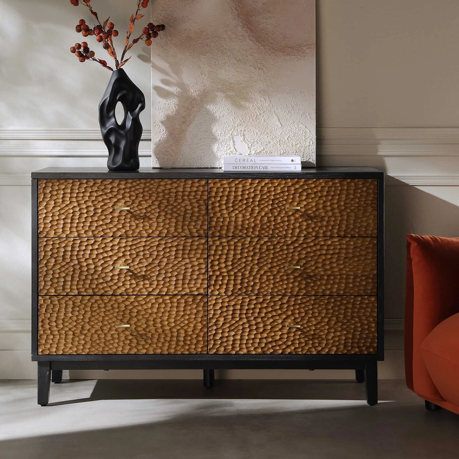 Bianca Chip Carved 6 Drawer Chest, Antique Bronze & Black - Image 2