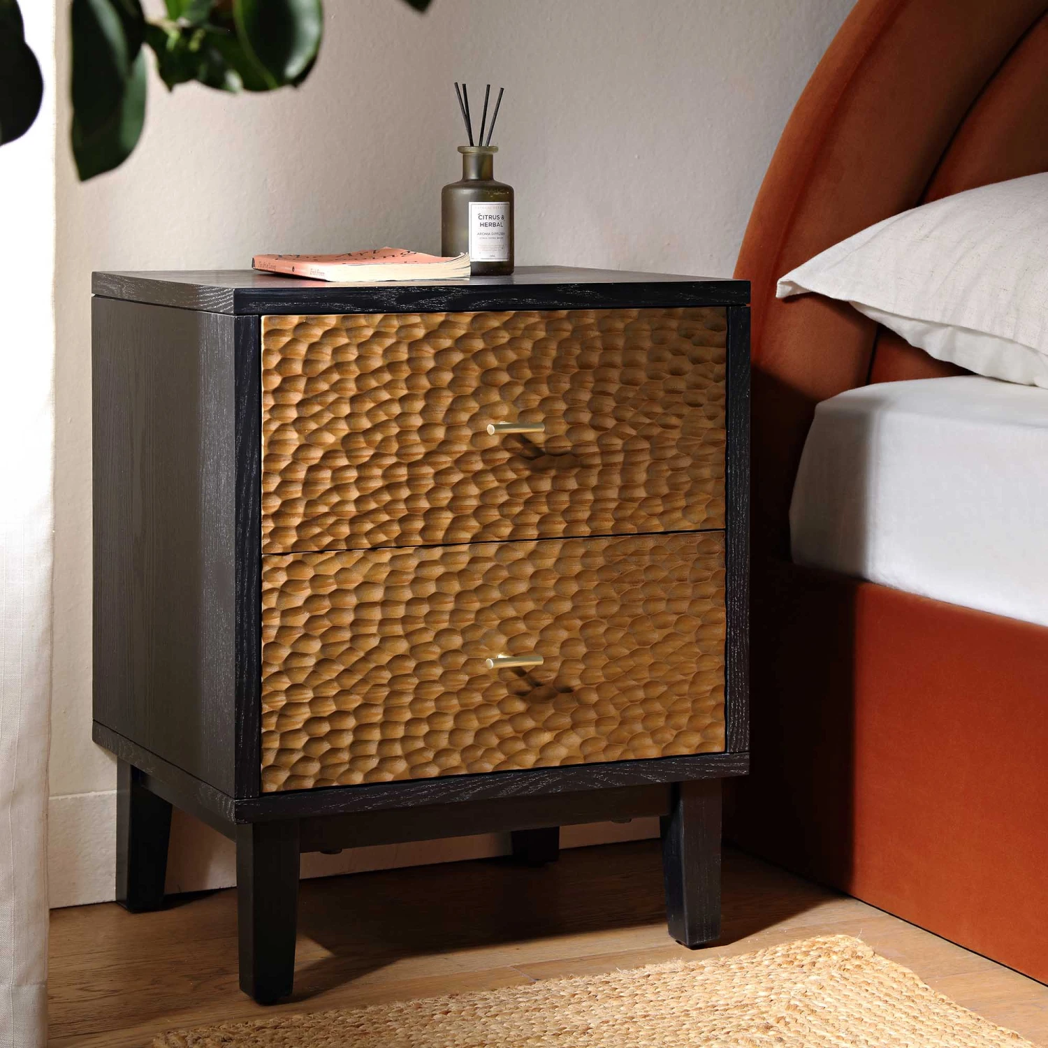 Bianca Chip Carved Bedside Table, Antique Bronze & Black - Image 2