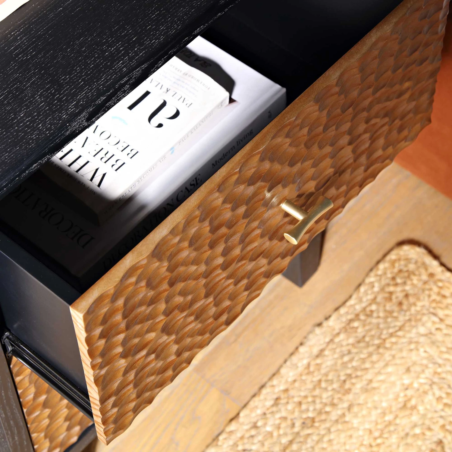 Bianca Chip Carved Bedside Table, Antique Bronze & Black - Image 3