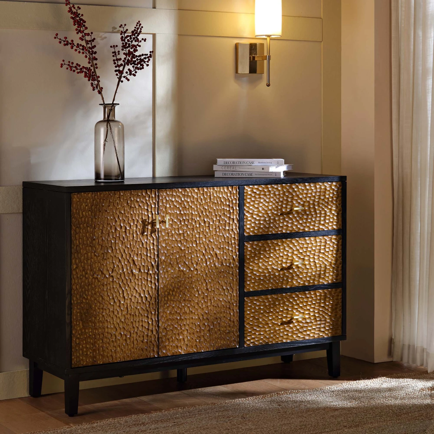 Bianca Chip Carved 2-Door 3-Drawer Sideboard, Antique Bronze & Black - Image 2