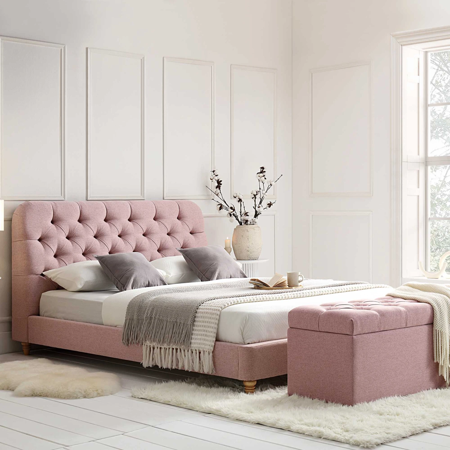 Leamington Deep-Buttoned Upholstered Bed, Rosewater Pink Fabric