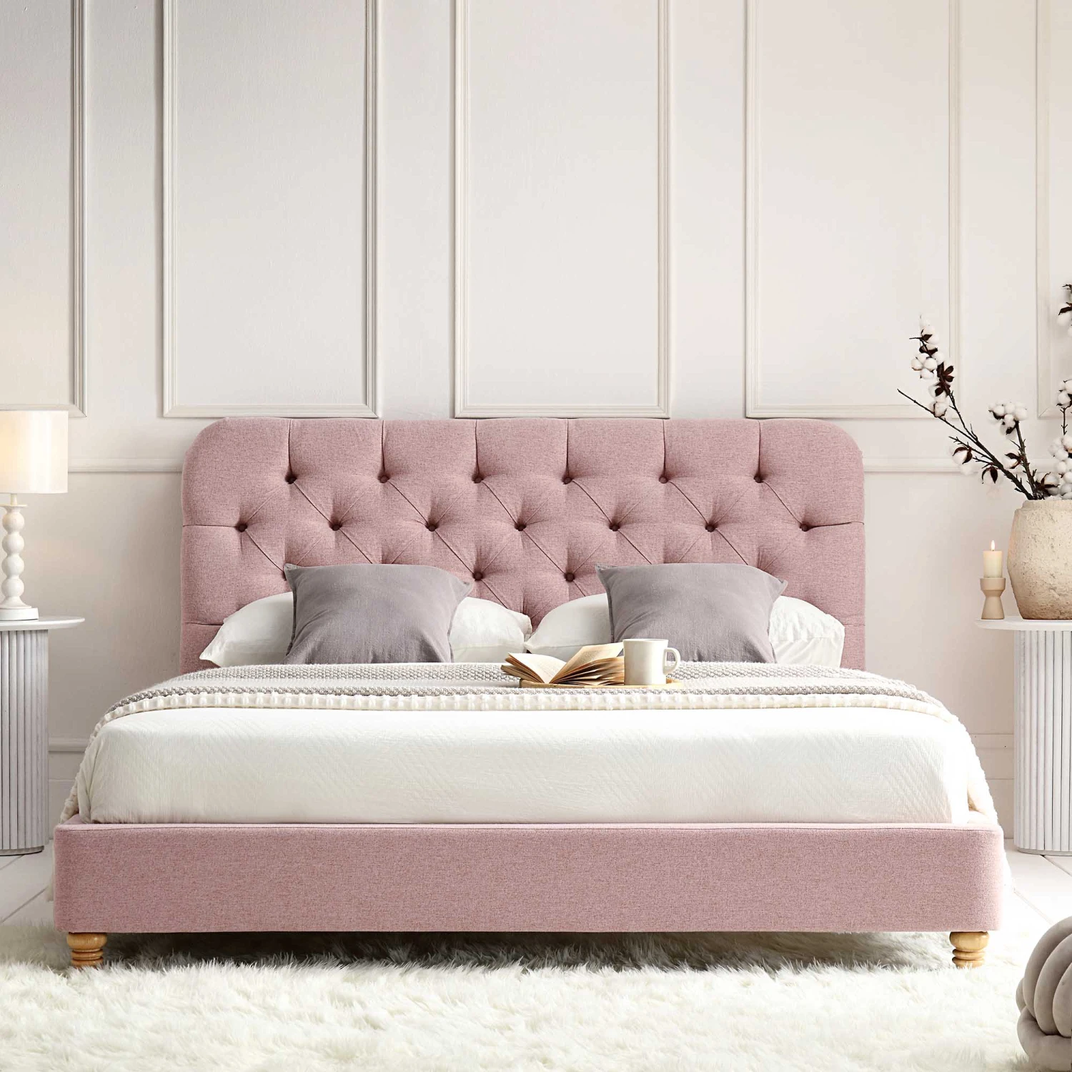 Leamington Deep-Buttoned Upholstered Bed, Rosewater Pink Fabric - Image 3