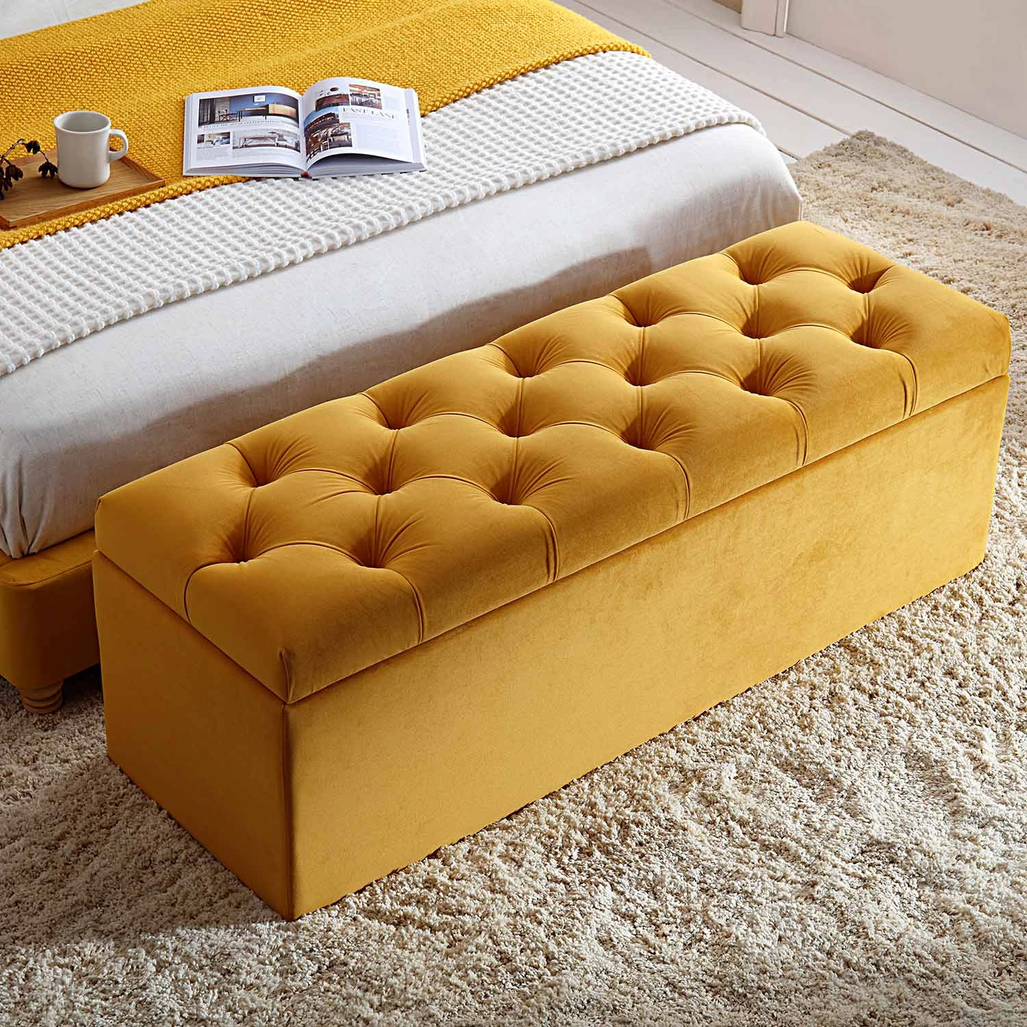 Leamington Deep-Buttoned Ottoman Storage Bench, Turmeric Yellow Velvet - Image 2
