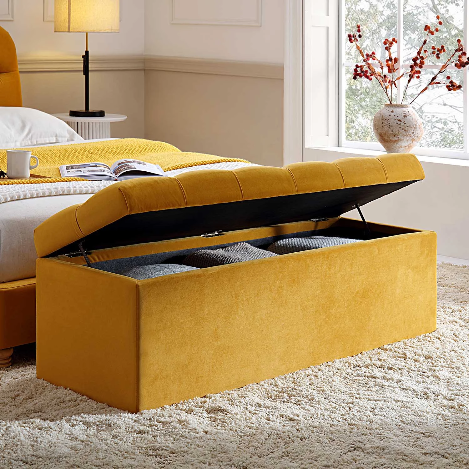 Leamington Deep-Buttoned Ottoman Storage Bench, Turmeric Yellow Velvet - Image 3